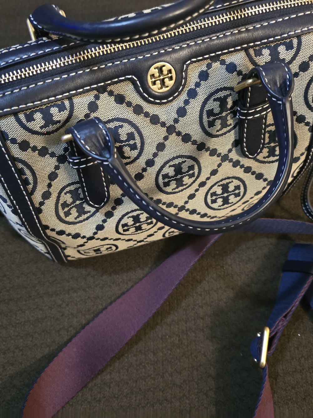Tory Burch Navy Logo-Print Canvas Satchel